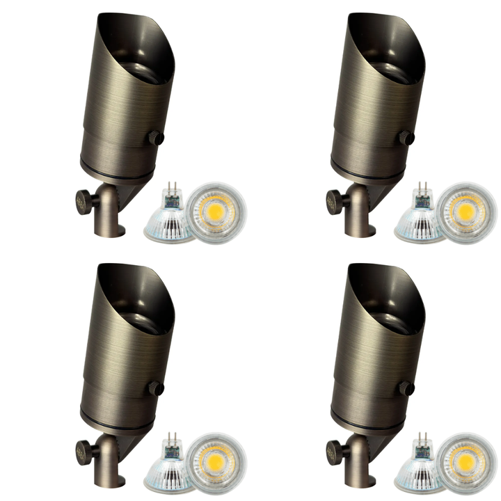 Outdoor Landscape Lighting LED 12V Low Voltage SPB05 4x/8x/12x Package LED Landscape Low Voltage Spotlight Adjustable Outdoor Lighting with MR16 5W 3000K Bulb Natural Brass 4 Pack