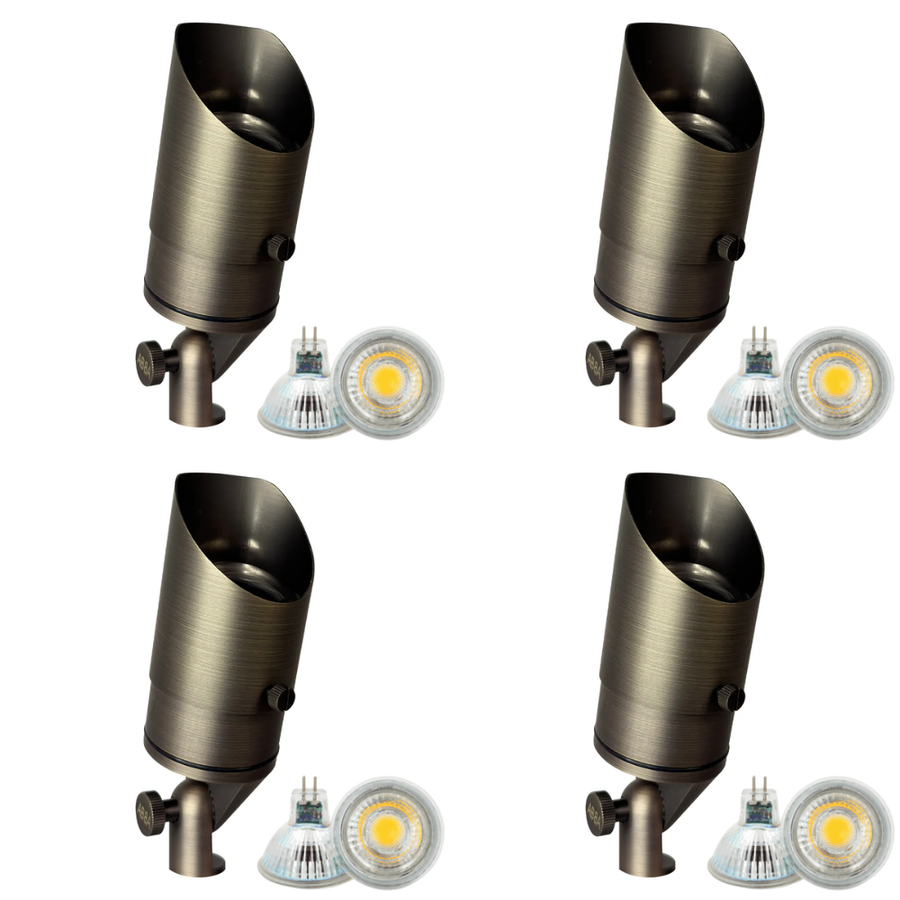 Outdoor Landscape Lighting LED 12V Low Voltage SPB05 4x/8x/12x Package LED Landscape Low Voltage Spotlight Adjustable Outdoor Lighting with MR16 5W 3000K Bulb Natural Brass 4 Pack