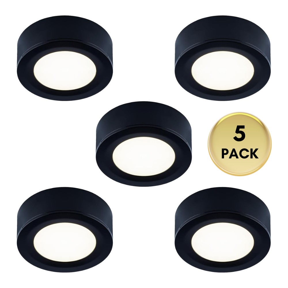 Outdoor Landscape Lighting LED 12V Low Voltage CBA03 3x/5x Pack 2.7W 2.68" 3000K Dimmable Recessed and Surface Mounted Line Voltage 120V Line Voltage Hardwired LED Puck Cabinet Light Cast Aluminum Downlighting 110LM/130LM Package Black 5 Pack