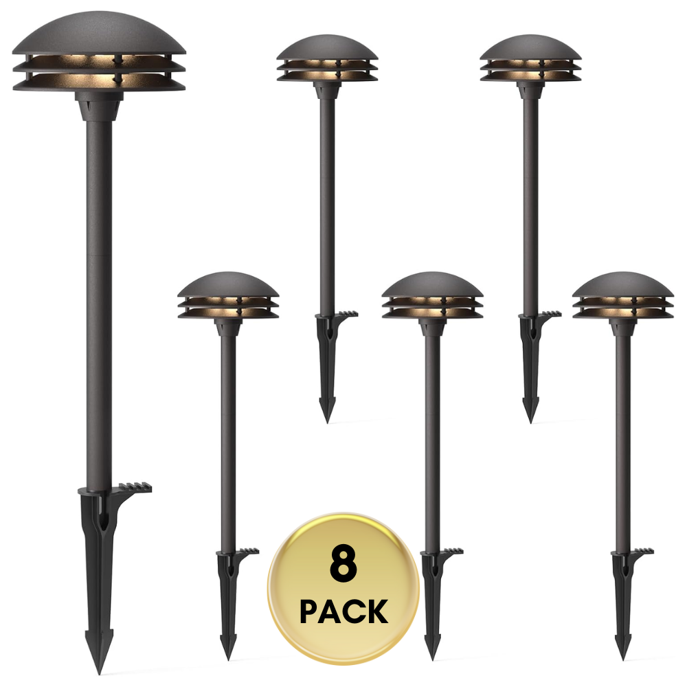 Outdoor Landscape Lighting LED 12V Low Voltage ALP72 2 and 8 Pack Integrated LED Landscape 3-Tier Pagoda Metal Pathway Lights Package, 3000K 4W 80 LM Low Voltage 12V AC Bronze Pagoda Outdoor Landscape Lighting 8 Pack