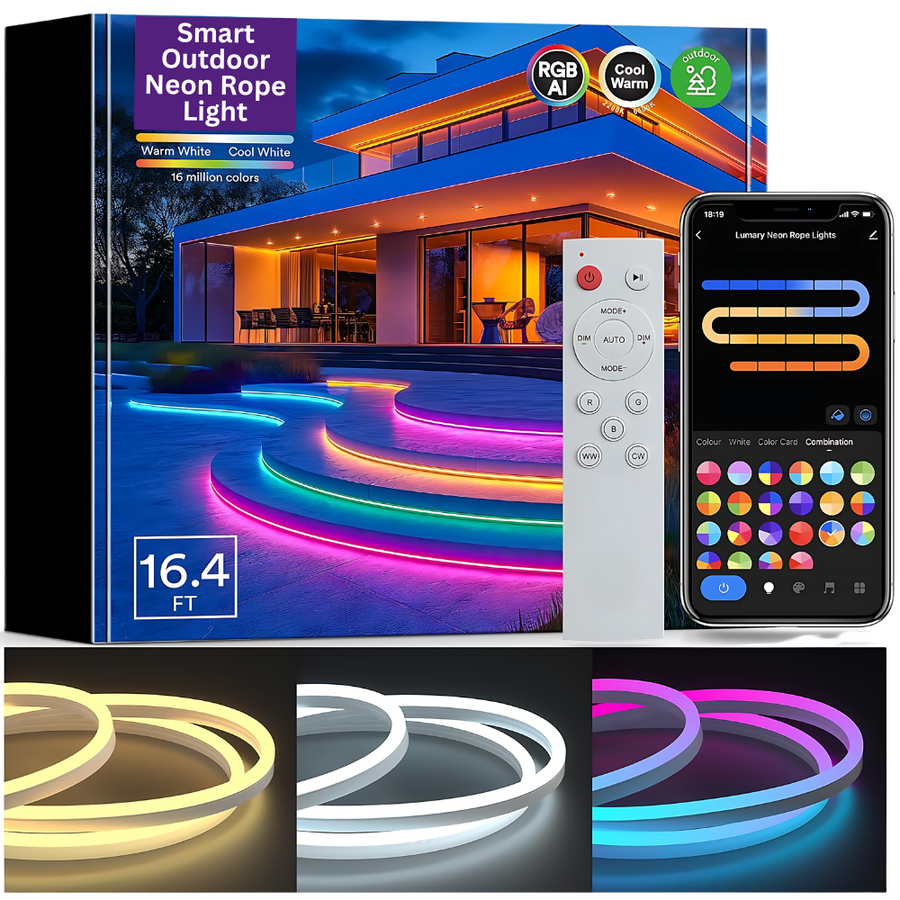 Outdoor Landscape Lighting LED 12V Low Voltage SLNR06 Dotless COB Smart Wi-Fi RGBAICW Neon LED Strip Light DC24V IP65 Outdoor Rated Dimmable Low Voltage Silicone Strip Light with Mounting Clips, Screws, Power Adapter and Remote Control 16.5ft (5M) DC24V