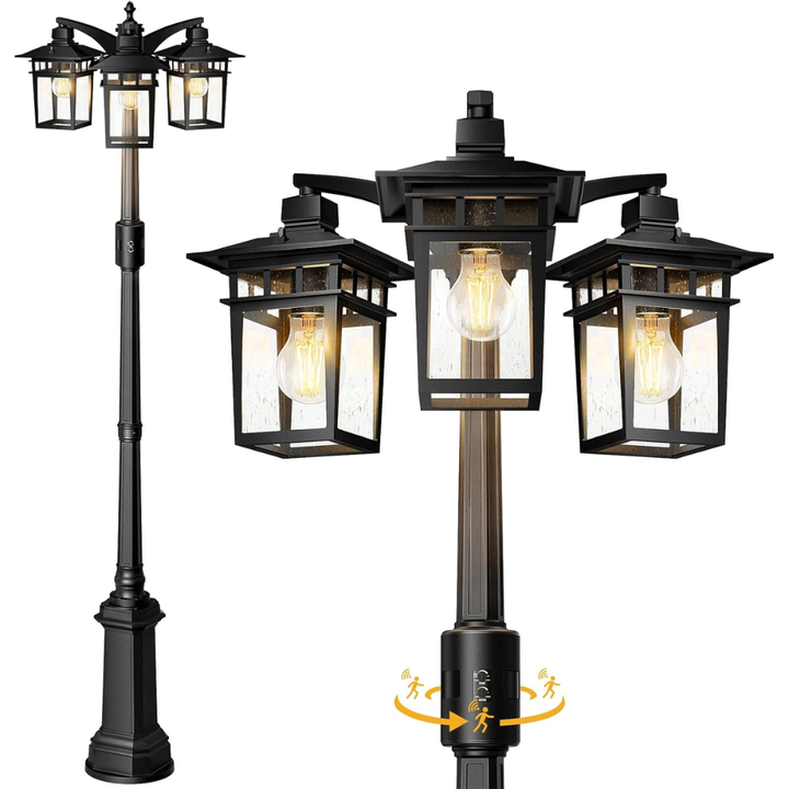 Outdoor Landscape Lighting LED 12V Low Voltage PLH04 360° Motion Sensor and Dusk-to-Dawn Classic Black Aluminum 3-Head Rectangular Post Light 87.5" Pole with Glass Panels 3 E26 Base Medium Base Socket 120V with for Garden, Exterior Lighting