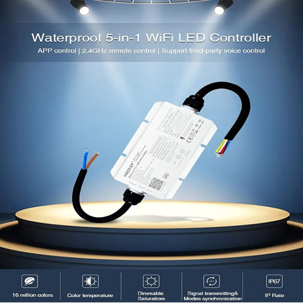 Outdoor Landscape Lighting LED 12V Low Voltage Miboxer WL5-WP LED Strip Light 5 in 1 Controller for 5050 3528 2835, IP67 Waterproof with Smartphone APP Control