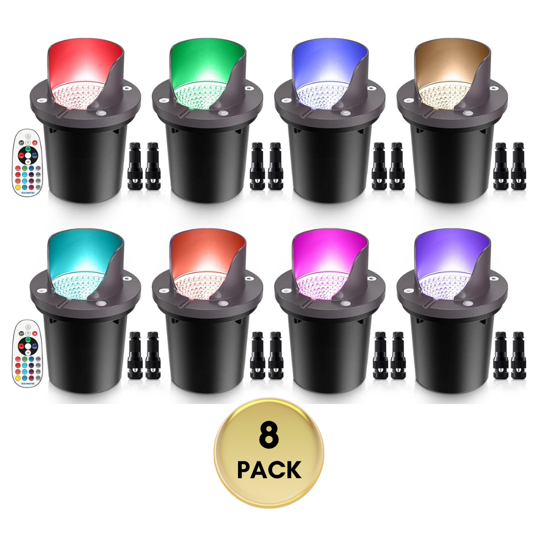 Outdoor Landscape Lighting LED 12V Low Voltage UNRA03 8-Pack 12W RGB + Warm White COB LED Low Voltage In-Ground Landscape Well Lights Waterproof Fixture with Connectors and Remote Controls