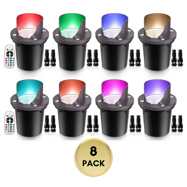 Outdoor Landscape Lighting LED 12V Low Voltage UNRA03 8-Pack 12W RGB + Warm White COB LED Low Voltage In-Ground Landscape Well Lights Waterproof Fixture with Connectors and Remote Controls