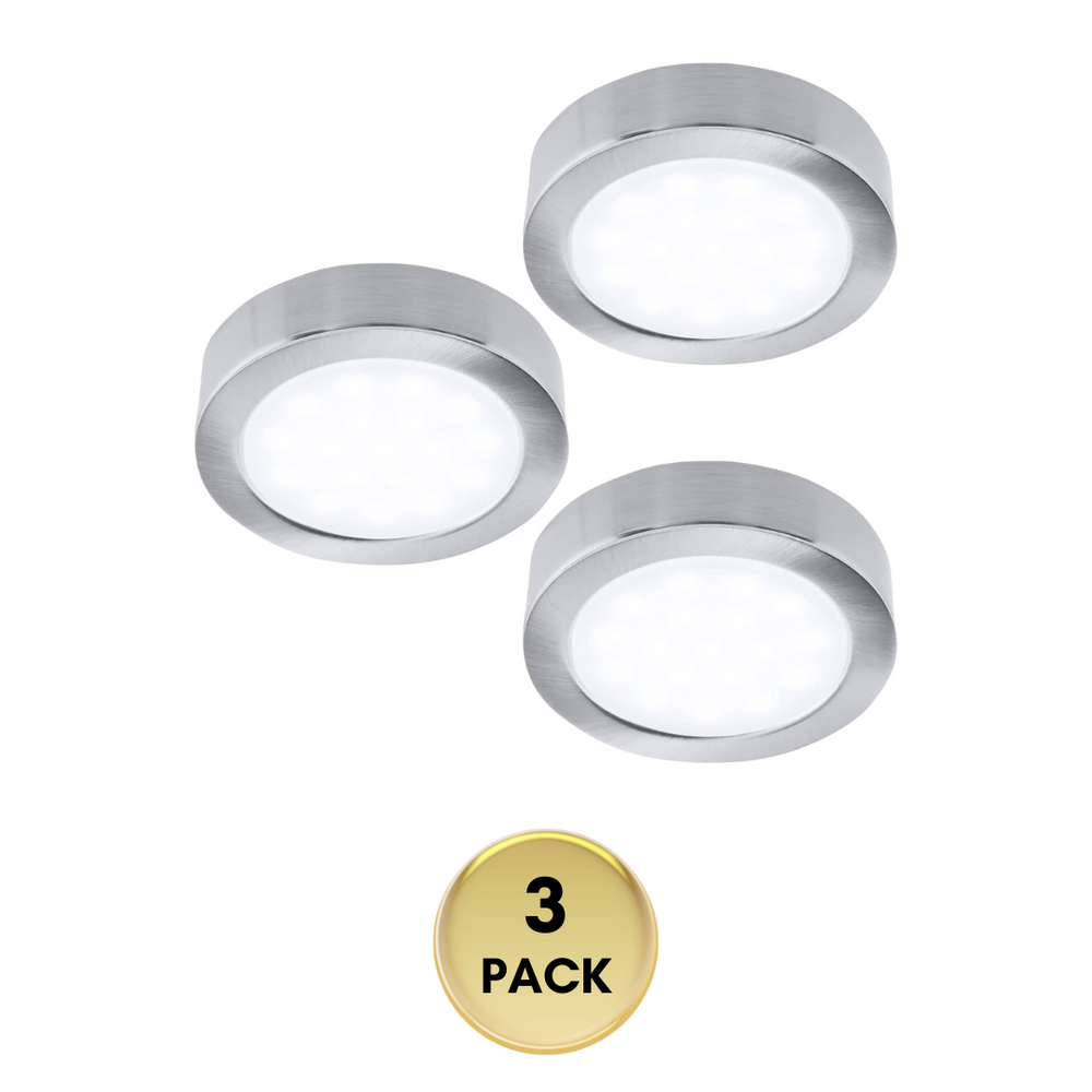 Outdoor Landscape Lighting LED 12V Low Voltage CBA03 3x/5x Pack 2.7W 2.68" 3000K Dimmable Recessed and Surface Mounted Line Voltage 120V Line Voltage Hardwired LED Puck Cabinet Light Cast Aluminum Downlighting 110LM/130LM Package Satin Nickel 3 Pack