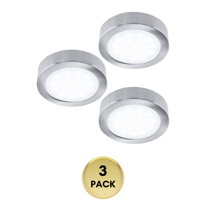 Outdoor Landscape Lighting LED 12V Low Voltage CBA03 3x/5x Pack 2.7W 2.68" 3000K Dimmable Recessed and Surface Mounted Line Voltage 120V Line Voltage Hardwired LED Puck Cabinet Light Cast Aluminum Downlighting 110LM/130LM Package Satin Nickel 3 Pack