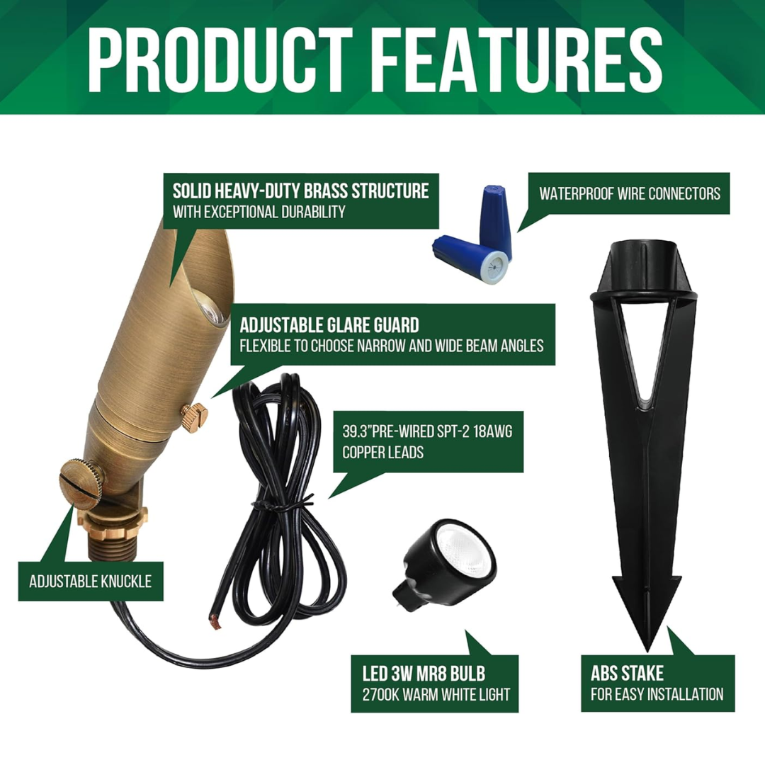 Outdoor Landscape Lighting LED 12V Low Voltage SPBA12 MR8 Mini Brass Spotlight with Adjustable Shroud Low Voltage Outdoor Lighting
