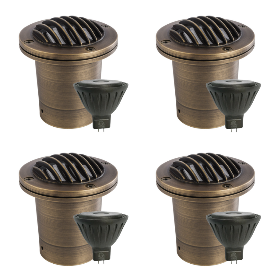 Outdoor Landscape Lighting LED 12V Low Voltage UNBP01 Tulay Antique Brass In-Ground Well Light 4x/8x/12x MR16 4W Dimmable 2700K Package Grill Face Low Voltage Landscape Lighting 4 Pack