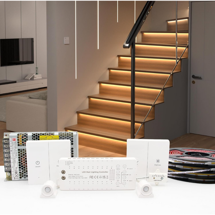 Outdoor Landscape Lighting LED 12V Low Voltage SLMS02 Intelligent Motion Sensor LED COB Strip Light Stair Light Kit 12, 16 or 20 Stairs with Wall Switch 3000K Warm White or 6000K 3000K Warm White