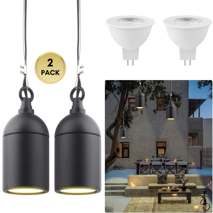 Outdoor Landscape Lighting LED 12V Low Voltage HLA06 2-Pack Low Voltage Black Rounded Pendant with MR16 3W 300LM 3000K Warm White LED Aluminum Light Hanging Patio Light Package 2-Pack