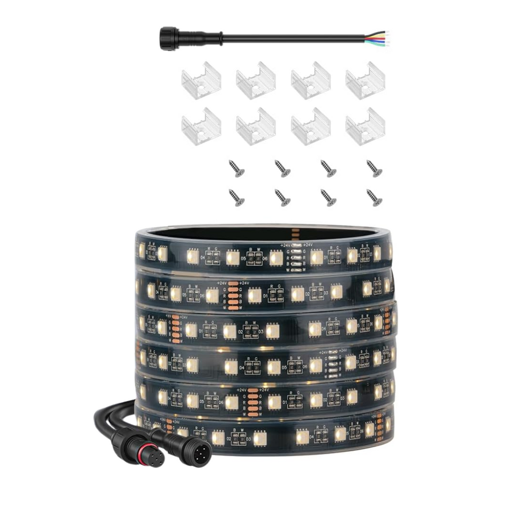 Outdoor Landscape Lighting LED 12V Low Voltage SL06 7.3W/ft 14mm Strip Light RGB + Warm White 3000K-3500K or Cool White 6000K-7000K 5050 DC24V Low Voltage LED Outdoor IP68 Submersible UL SMD Tape Light with Black or White PCB DC24V RGB + Warm White Black PCB IP68 Submersible