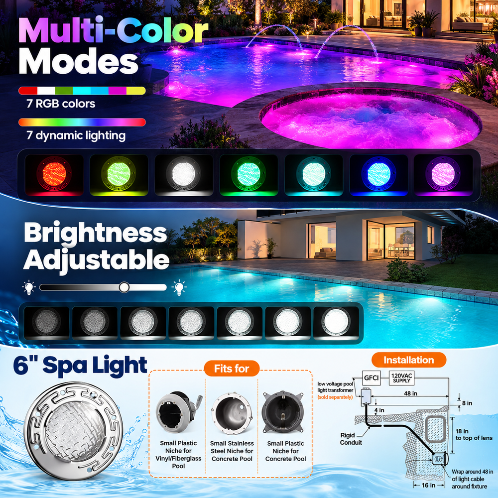 Outdoor Landscape Lighting LED 12V Low Voltage PL35 12V 6 inch/10 inch AC Remote-Operated LED Stainless Steel Pool Light Jacuzzi Spa RGB Color Changing Low Voltage Light with Remote Control