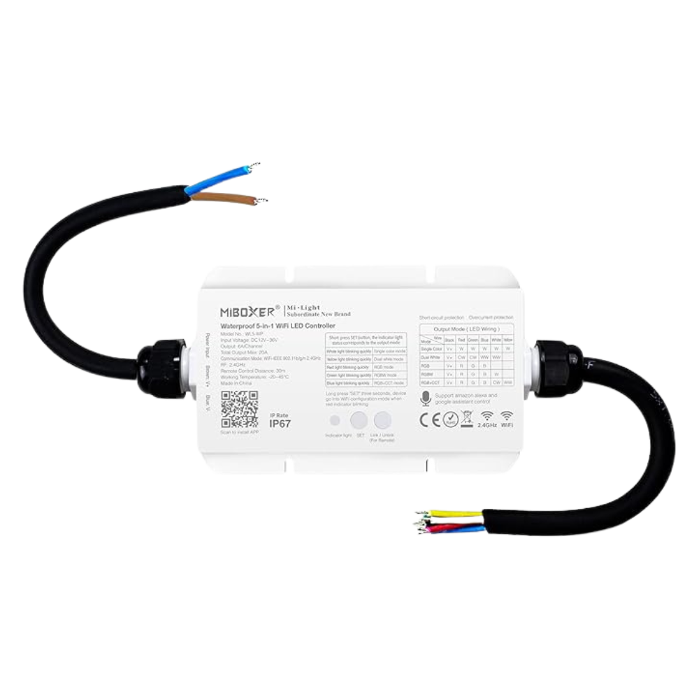 Outdoor Landscape Lighting LED 12V Low Voltage Miboxer WL5-WP LED Strip Light 5 in 1 Controller for 5050 3528 2835, IP67 Waterproof with Smartphone APP Control