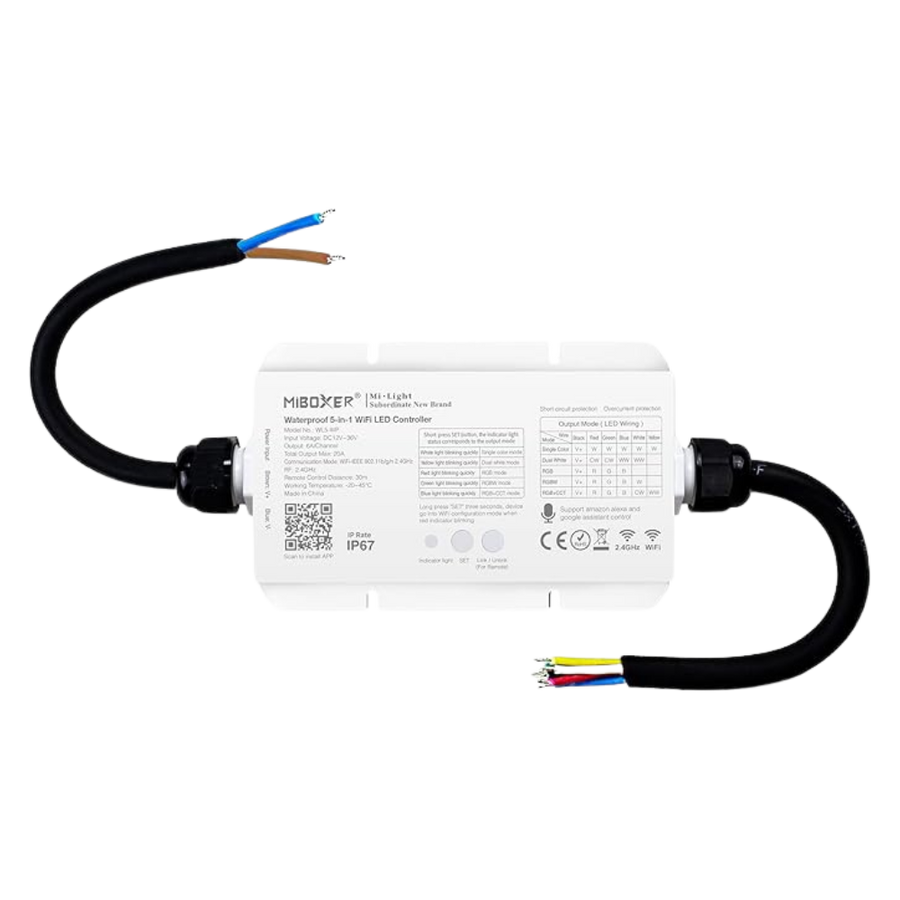 Outdoor Landscape Lighting LED 12V Low Voltage Miboxer WL5-WP LED Strip Light 5 in 1 Controller for 5050 3528 2835, IP67 Waterproof with Smartphone APP Control