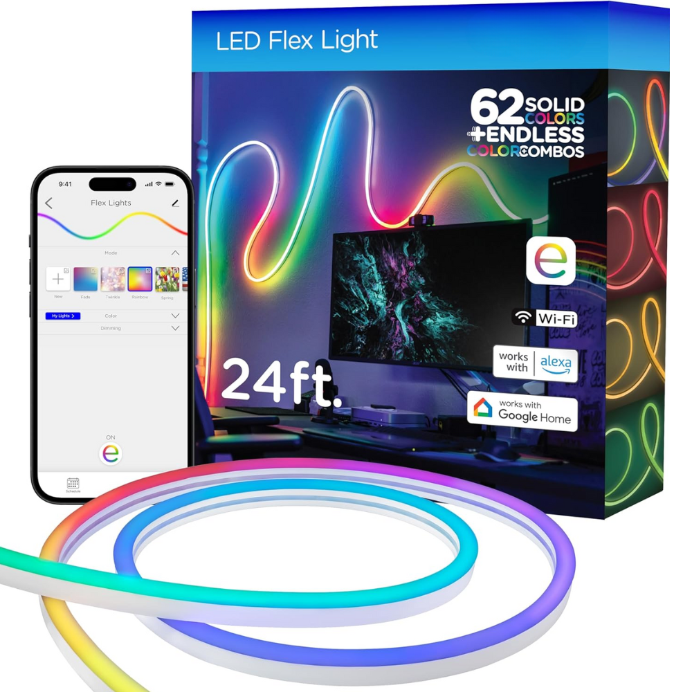 Outdoor Landscape Lighting LED 12V Low Voltage SLNR07 Dotless COB Smart Wi-Fi RGB Neon LED Strip Light 120V IP67 Outdoor Rated Dimmable High Voltage Silicone Strip Light with Mounting Clips, Screws, Power Adapter and Remote Control 24ft