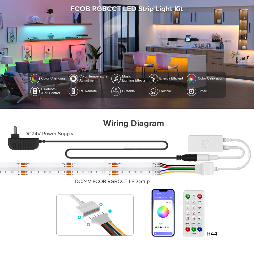 Outdoor Landscape Lighting LED 12V Low Voltage SLD19 Dotless Linear LED RGB+CCT 3000K-6000K COB 3.35W/ft per 12V and 4.77W/ft for 24V Strip Lights IP30/IP66 Low Voltage 12mm DC12V/DC24V Tape Light with Power Adapter Kit Available