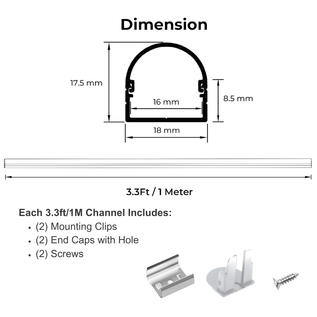 Outdoor Landscape Lighting LED 12V Low Voltage AC09 U-Shaped Spotless Aluminum Channel 3.3FT/1M For Max 16mm Width LED Strip Lights Pack of 6 and 10