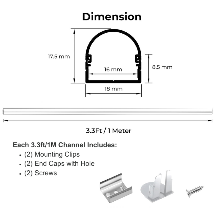 Outdoor Landscape Lighting LED 12V Low Voltage AC09 U-Shaped Spotless Aluminum Channel 3.3FT/1M For Max 16mm Width LED Strip Lights Pack of 6 and 10