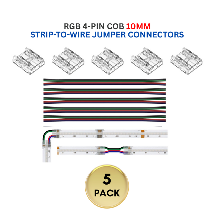 Outdoor Landscape Lighting LED 12V Low Voltage 5-Pack SLD 4-Pin Low Voltage RGB COB LED Strip Connectors - 10mm Dotless Strip Light Accessories 10mm 4-Pin Strip-to-Wire