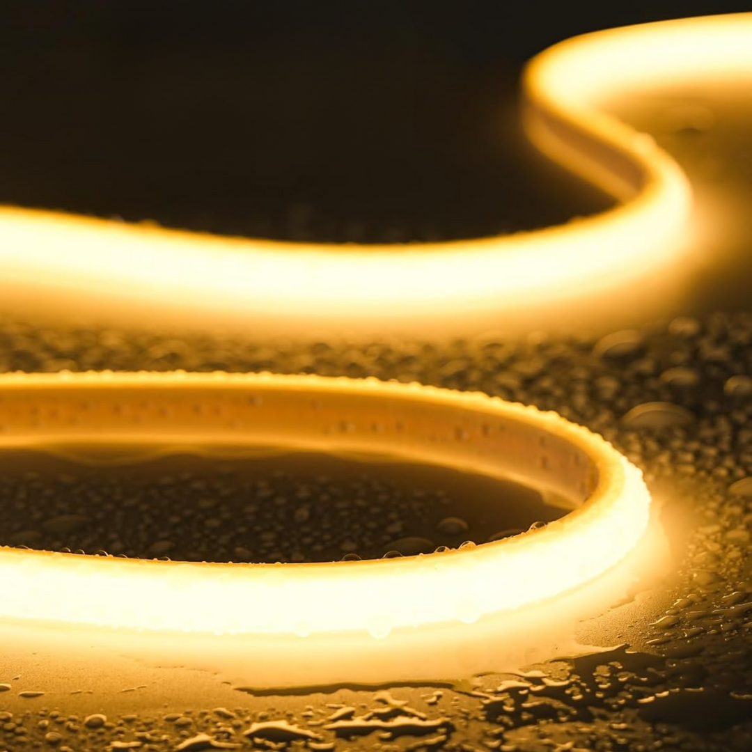 Outdoor Landscape Lighting LED 12V Low Voltage SLN08 Dotless Neon LED Strip Light 110-120V IP65 Outdoor Rated Dimmable High Voltage Silicone Strip Light with Back Adhesive, Screws, Mounting Clips, End Cap, Connector and Power Cable 3000K Warm White