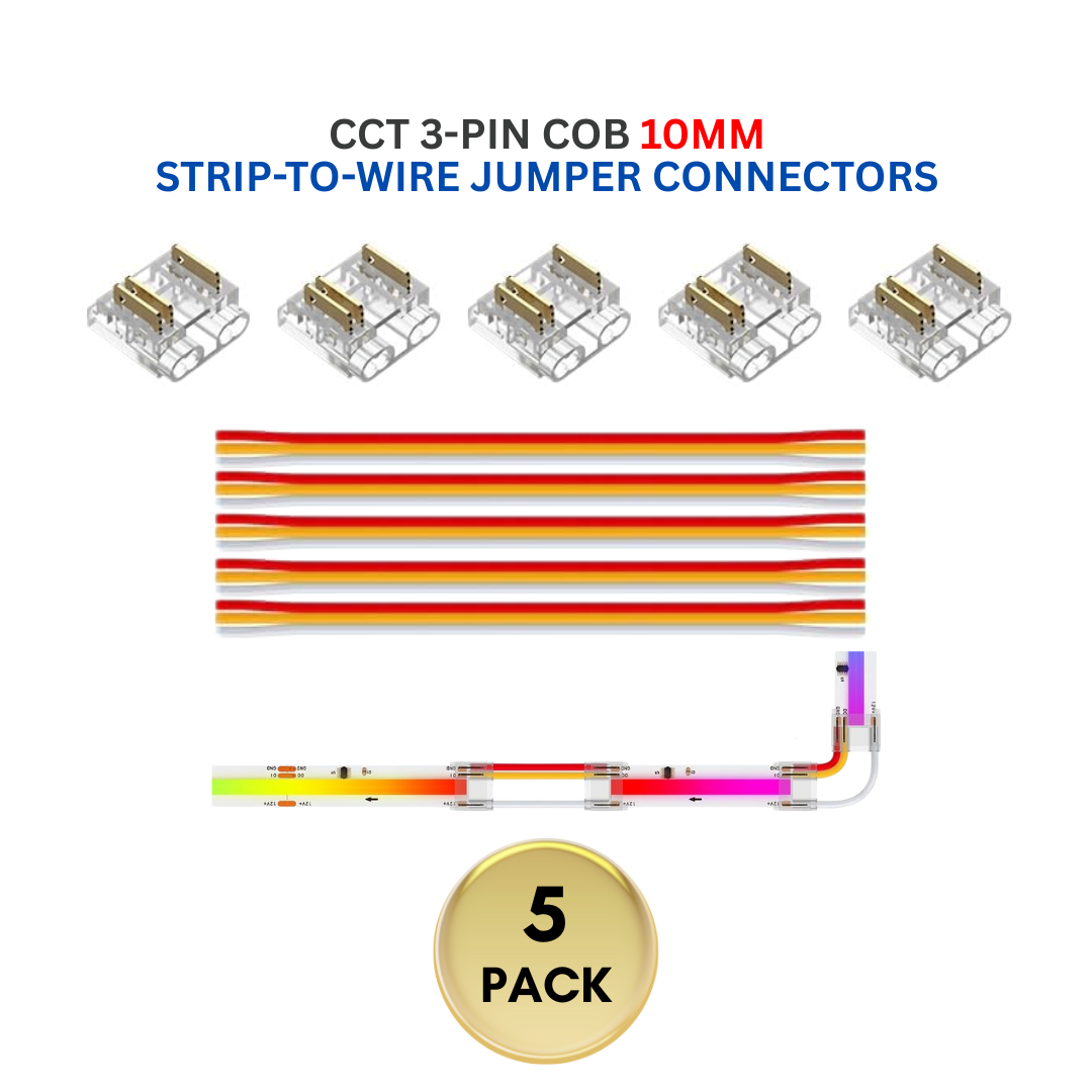 Outdoor Landscape Lighting LED 12V Low Voltage 5-Pack SLD 3-Pin Low Voltage CCT COB LED Strip Connectors - 10mm & 12mm Dotless Strip Lights 10mm 3-Pin Strip-to-Wire