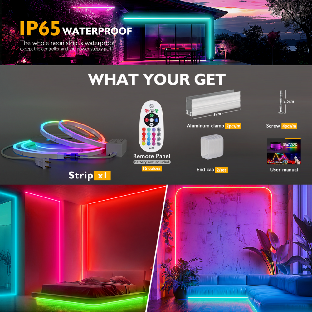 Outdoor Landscape Lighting LED 12V Low Voltage SLNR12 Dotless Neon RGB 5000K 16 Colors and 4 Modes 2.59W/f LED Strip Light 110V IP65 Outdoor Rated Dimmable High Voltage Silicone Strip Light Screws, Mounting Aluminum Clamps, End Cap, Screws, Remote Control and Power Cable