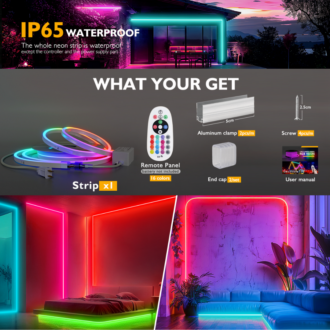 Outdoor Landscape Lighting LED 12V Low Voltage SLNR12 Dotless Neon RGB 5000K 16 Colors and 4 Modes 2.59W/f LED Strip Light 110V IP65 Outdoor Rated Dimmable High Voltage Silicone Strip Light Screws, Mounting Aluminum Clamps, End Cap, Screws, Remote Control and Power Cable