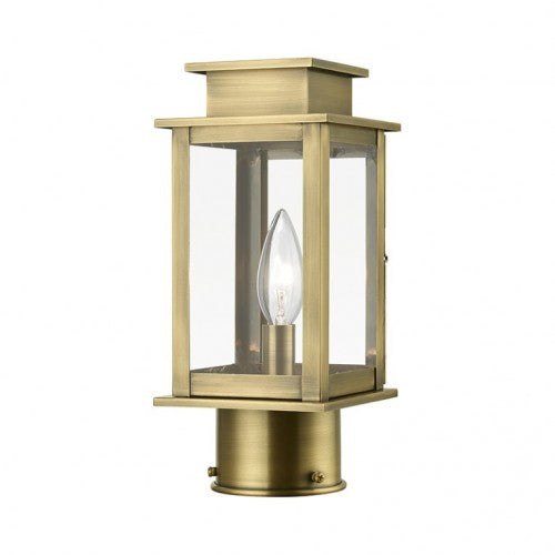 Outdoor Landscape Lighting LED 12V Low Voltage Princeton Outdoor Classics 1 E12 Candelabra Base Light Bulb Socket Outdoor Post Top Lantern 10.5"x4.75"x4.75" Solid Brass Lantern and Clear Glass with Antique Brass Finish 120V for Garden, Exterior Posts - 20201-01