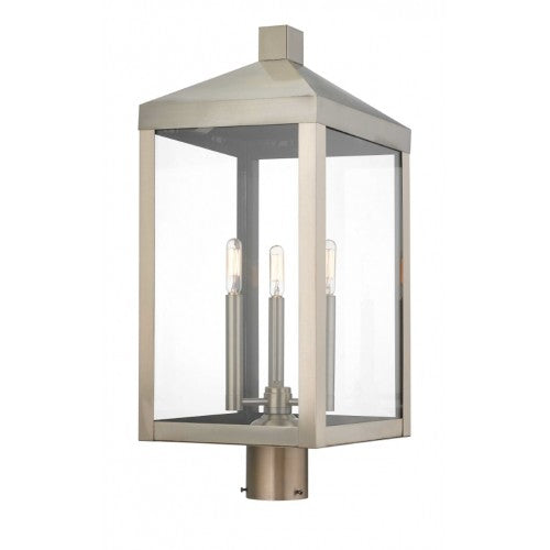 Outdoor Landscape Lighting LED 12V Low Voltage Nyack Outdoor Classics 1 E12 Candelabra Base Light Bulb Socket Large Outdoor Post Top Lantern 24"x10.5"x10.5" Solid Brass Lantern and Clear Glass with Brushed Nickel Finish 120V for Garden, Exterior Post - 20586-91