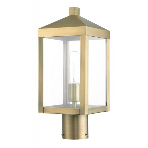 Outdoor Landscape Lighting LED 12V Low Voltage Nyack Outdoor Classics 1 E12 Medium Base Light Bulb Socket Small Outdoor Post Top Lantern 6.25sq. x 15.25 Stainless Steel and Clear Glass with Antique Brass Finish 120V for Garden, Exterior Post - 20590-01