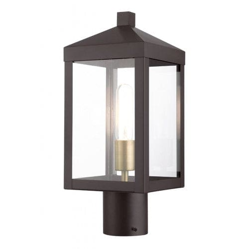 Outdoor Landscape Lighting LED 12V Low Voltage Nyack Outdoor Classics 1 E12 Medium Base Light Bulb Socket Small Outdoor Post Top Lantern 6.25sq. x 15.25 Stainless Steel and Clear Glass with Bronze with Antique Brass Cluster Finish 120V for Garden, Exterior Post - 20590-07