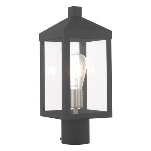 Outdoor Landscape Lighting LED 12V Low Voltage Nyack Outdoor Classics 1 E12 Medium Base Light Bulb Socket Small Outdoor Post Top Lantern 6.25 x 6.25 x 15.25 Solid Brass and Clear Glass with Scandinavian Gray with Brushed Nickel Finish Candles 120V for Garden, Exterior Post - 20590-76