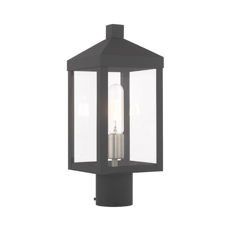 Outdoor Landscape Lighting LED 12V Low Voltage Nyack Outdoor Classics 1 E12 Medium Base Light Bulb Socket Small Outdoor Post Top Lantern 6.25 x 6.25 x 15.25 Solid Brass and Clear Glass with Scandinavian Gray with Brushed Nickel Finish Candles 120V for Garden, Exterior Post - 20590-76