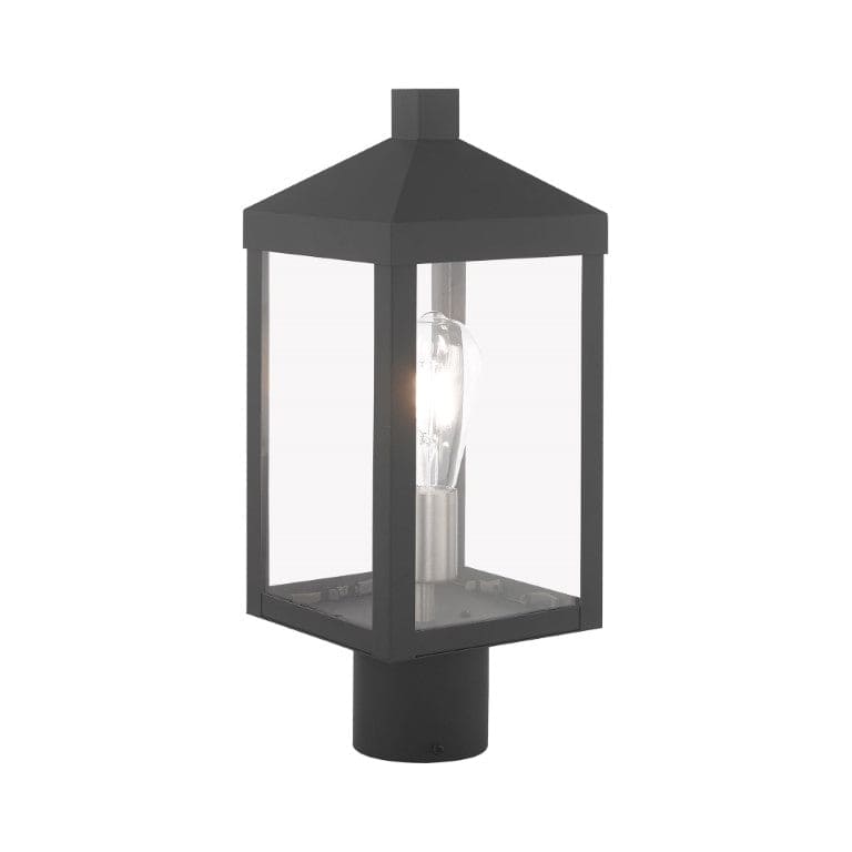 Outdoor Landscape Lighting LED 12V Low Voltage Nyack Outdoor Classics 1 E12 Medium Base Light Bulb Socket Small Outdoor Post Top Lantern 6.25 x 6.25 x 15.25 Solid Brass and Clear Glass with Scandinavian Gray with Brushed Nickel Finish Candles 120V for Garden, Exterior Post - 20590-76