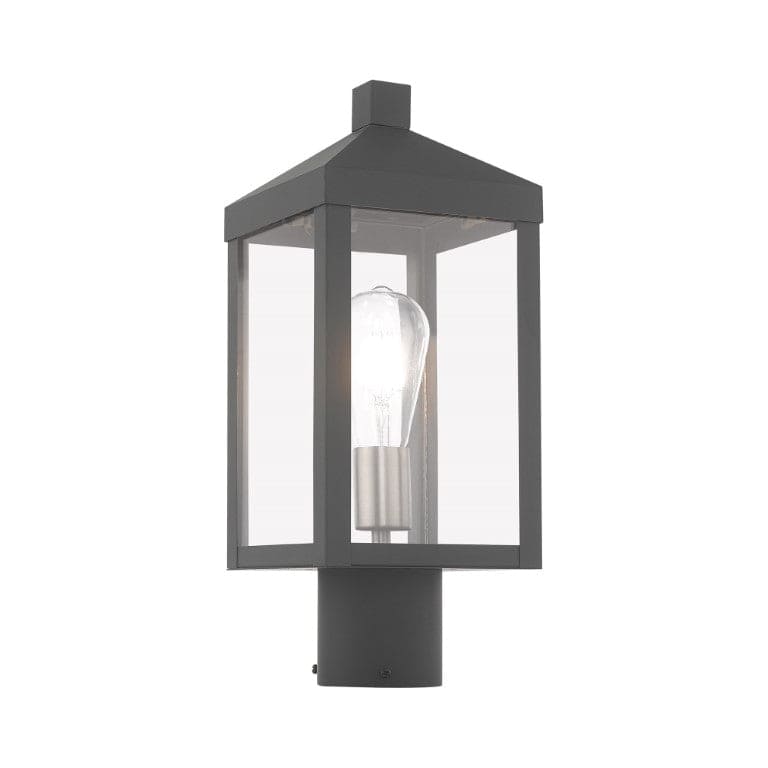 Outdoor Landscape Lighting LED 12V Low Voltage Nyack Outdoor Classics 1 E12 Medium Base Light Bulb Socket Small Outdoor Post Top Lantern 6.25 x 6.25 x 15.25 Solid Brass and Clear Glass with Scandinavian Gray with Brushed Nickel Finish Candles 120V for Garden, Exterior Post - 20590-76