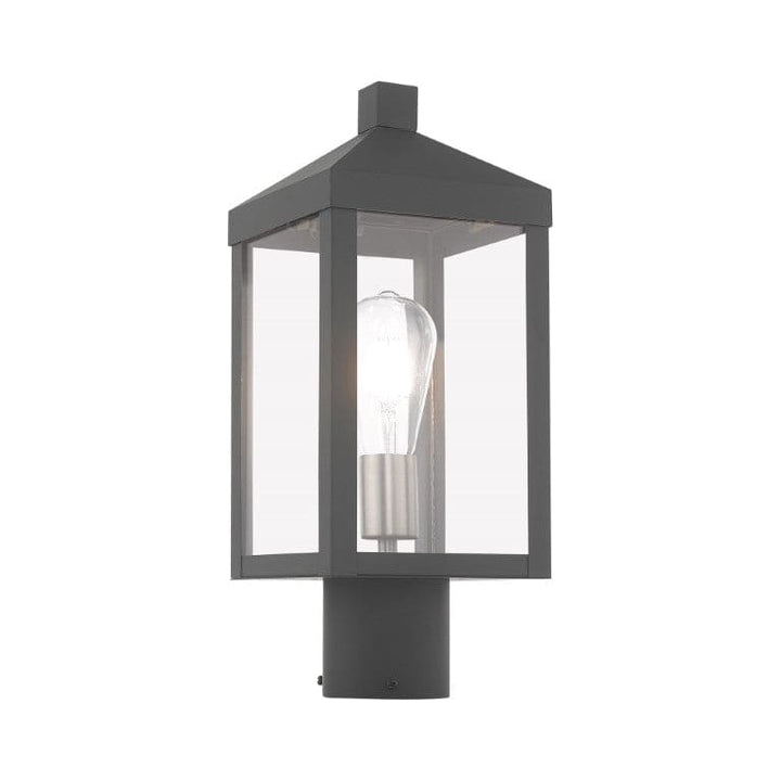 Outdoor Landscape Lighting LED 12V Low Voltage Nyack Outdoor Classics 1 E12 Medium Base Light Bulb Socket Small Outdoor Post Top Lantern 6.25 x 6.25 x 15.25 Solid Brass and Clear Glass with Scandinavian Gray with Brushed Nickel Finish Candles 120V for Garden, Exterior Post - 20590-76