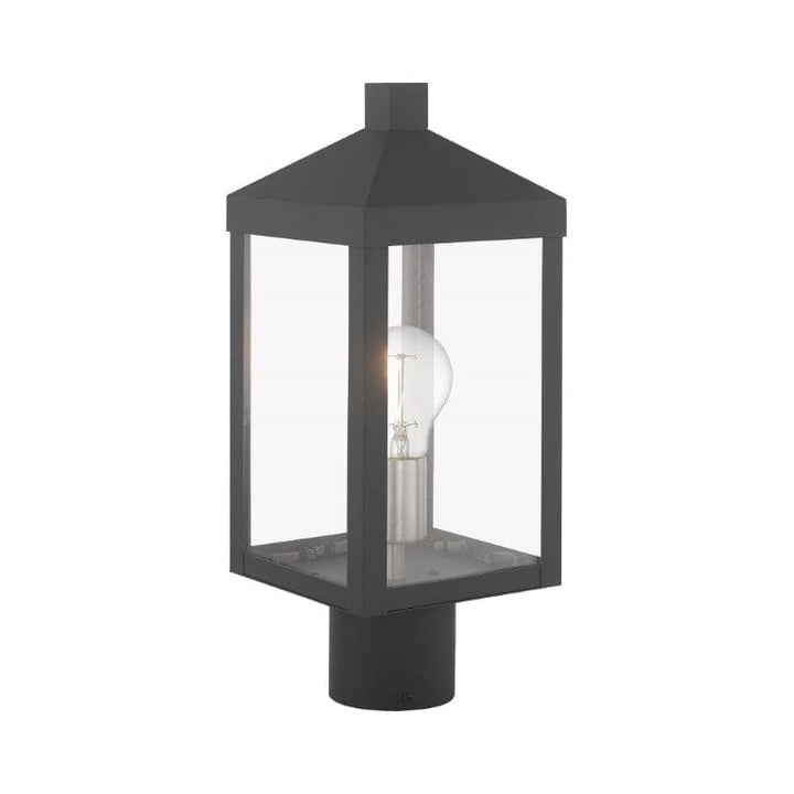 Outdoor Landscape Lighting LED 12V Low Voltage Nyack Outdoor Classics 1 E12 Medium Base Light Bulb Socket Small Outdoor Post Top Lantern 6.25 x 6.25 x 15.25 Solid Brass and Clear Glass with Scandinavian Gray with Brushed Nickel Finish Candles 120V for Garden, Exterior Post - 20590-76