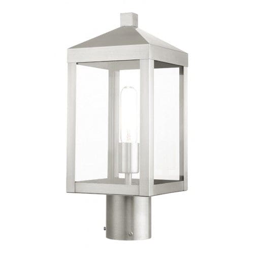 Outdoor Landscape Lighting LED 12V Low Voltage Nyack Outdoor Classics 1 E12 Medium Base Light Bulb Socket Small Outdoor Post Top Lantern 6.25 Sq x 15.25 Stainless Steel and Clear Glass with Brushed Nickel Finish120V for Garden, Exterior Post - 20590-91