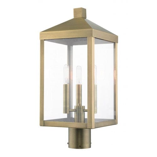 Outdoor Landscape Lighting LED 12V Low Voltage Nyack Outdoor Classics 1 E12 Candelabra Base Light Bulb Socket Medium Outdoor Post Top Lantern 8.25 Sq x 19.5 Stainless Steel and Clear Glass with Antique Brass Finish 120V for Garden, Exterior Post - 20592-01