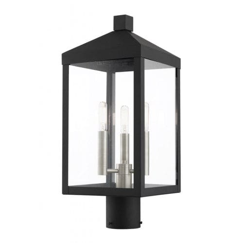 Outdoor Landscape Lighting LED 12V Low Voltage Nyack Outdoor Classics 1 E12 Candelabra Base Light Bulb Socket Medium Outdoor Post Top Lantern 8.25 Sq x 19.5 Stainless Steel and Clear Glass with Black with Brushed Nickel Cluster Finish 120V for Garden, Exterior Post - 20592-04