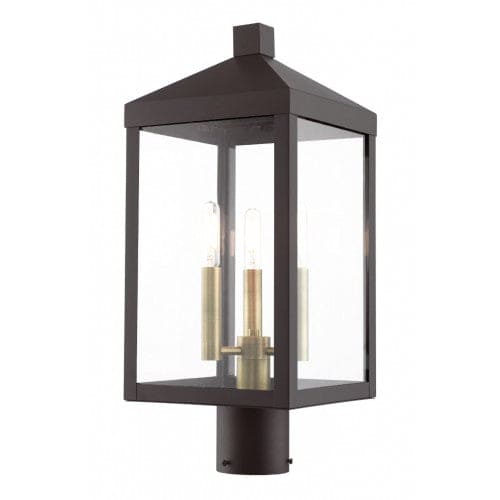 Outdoor Landscape Lighting LED 12V Low Voltage Nyack Outdoor Classics 1 E12 Candelabra Base Light Bulb Socket Medium Outdoor Post Top Lantern 8.25 Sq x 19.5 Stainless Steel and Clear Glass with Bronze with Antique Brass Cluster Finish 120V for Garden, Exterior Post - 20592-07