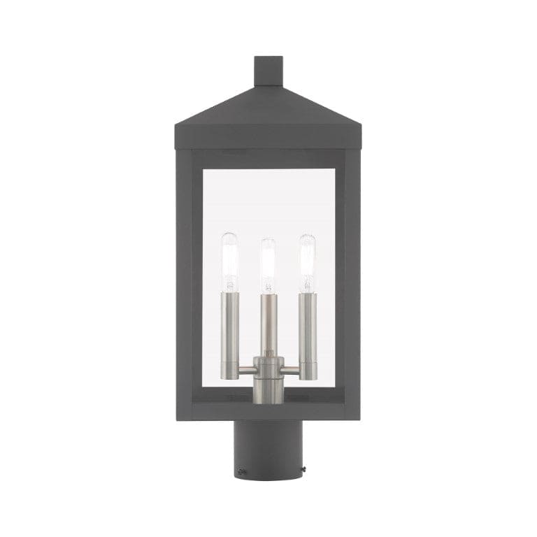 Outdoor Landscape Lighting LED 12V Low Voltage Nyack Outdoor Classics 1 E12 Candelabra Base Light Bulb Socket Medium Outdoor Post Top Lantern 8.25" x 8.25" x 19.5" Solid Brass and Clear Glass with Scandinavian Gray with Brushed Nickel Finish 120V for Garden, Exterior Post - 20592-76