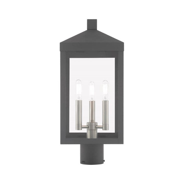 Outdoor Landscape Lighting LED 12V Low Voltage Nyack Outdoor Classics 1 E12 Candelabra Base Light Bulb Socket Medium Outdoor Post Top Lantern 8.25" x 8.25" x 19.5" Solid Brass and Clear Glass with Scandinavian Gray with Brushed Nickel Finish 120V for Garden, Exterior Post - 20592-76