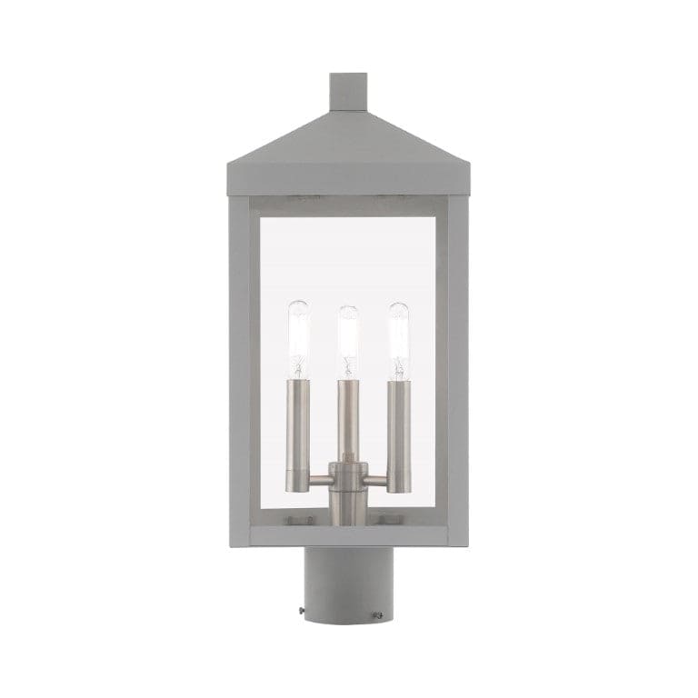 Outdoor Landscape Lighting LED 12V Low Voltage Nyack Outdoor Classics 1 E12 Candelabra Base Light Bulb Socket Medium Outdoor Post Top Lantern 8.25" x 8.25" x 19.5" Solid Brass and Clear Glass with Nordic Gray with Brushed Nickel Finish 120V for Garden, Exterior Post - 20592-80