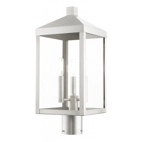 Outdoor Landscape Lighting LED 12V Low Voltage Nyack Outdoor Classics 1 E12 Candelabra Base Light Bulb Socket Medium Outdoor Post Top Lantern 8.25 Sq x 19.5 Stainless Steel and Clear Glass with Brushed Nickel Finish 120V for Garden, Exterior Post - 20592-91