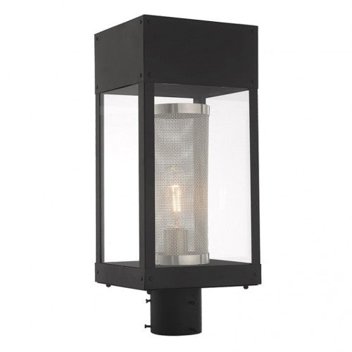 Outdoor Landscape Lighting LED 12V Low Voltage Franklin Medium Base Light Bulb Socket Outdoor Post Top Lantern 7" x 8" x 19" Stainless Steel and Clear Glass Outside & Stainless Steel Mesh Cylinder Inside 120V for Garden, Exterior Post - 20763-04