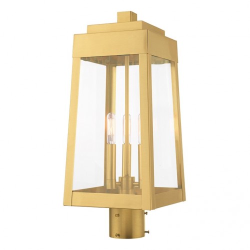 Outdoor Landscape Lighting LED 12V Low Voltage Oslo Candelabra Base Light Bulb Socket Medium Outdoor Post Top Lantern 8.25" x 8.25" x 20.375" Solid Brass and Clear Glass, Satin Brass Finish 120V for Garden, Exterior Post - 20856-12