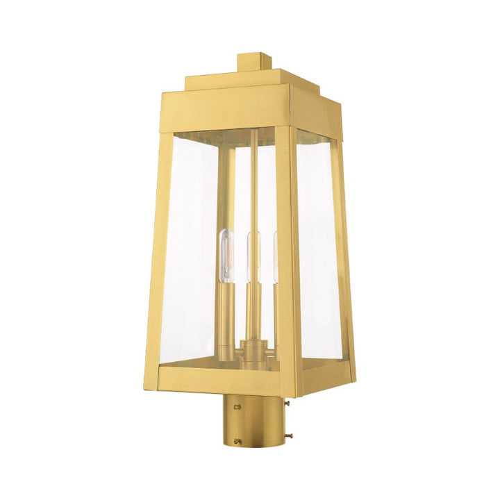 Outdoor Landscape Lighting LED 12V Low Voltage Oslo Candelabra Base Light Bulb Socket Medium Outdoor Post Top Lantern 8.25" x 8.25" x 20.375" Solid Brass and Clear Glass, Satin Brass Finish 120V for Garden, Exterior Post - 20856-12