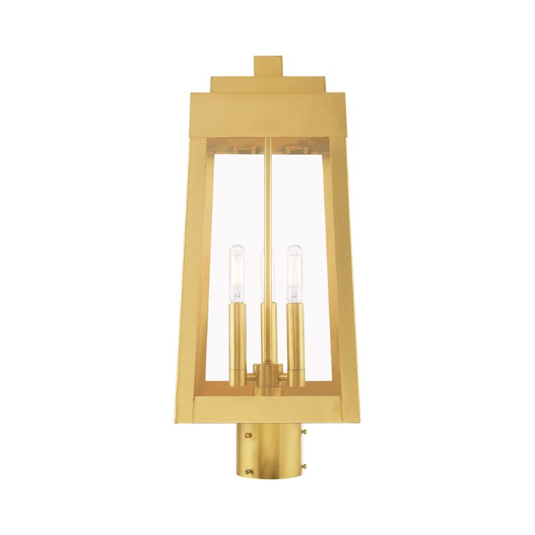 Outdoor Landscape Lighting LED 12V Low Voltage Oslo Candelabra Base Light Bulb Socket Medium Outdoor Post Top Lantern 8.25" x 8.25" x 20.375" Solid Brass and Clear Glass, Satin Brass Finish 120V for Garden, Exterior Post - 20856-12